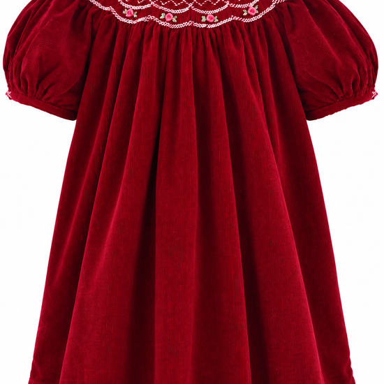 Carriage Boutique red corduroy bishop dress for toddlers with hand-smocked collar and floral embroidery details.