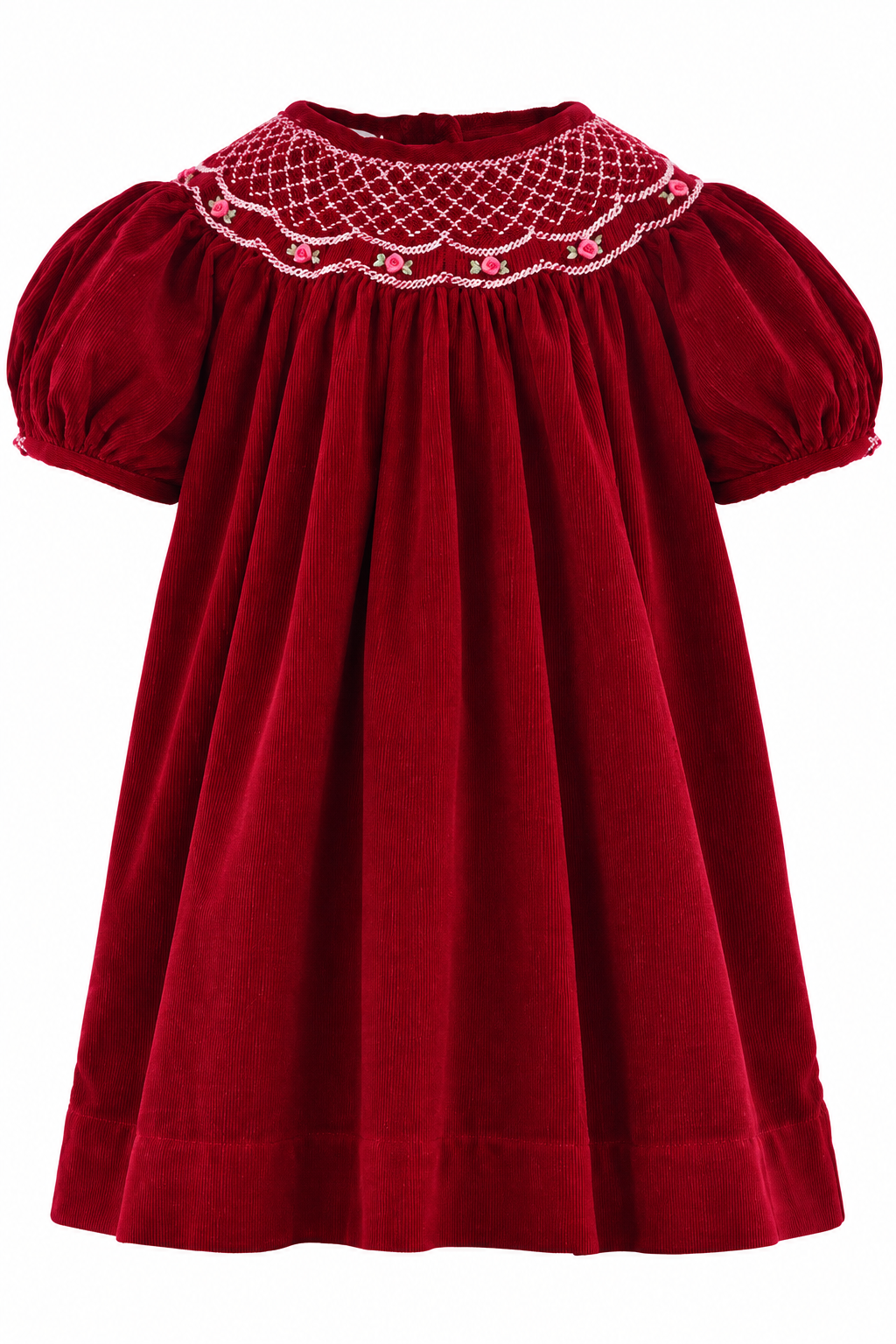 Carriage Boutique red corduroy bishop dress for toddlers with hand-smocked collar and floral embroidery details.