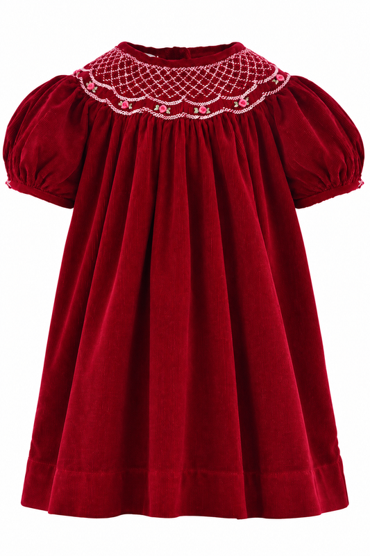 Carriage Boutique red corduroy bishop dress for toddlers with hand-smocked collar and floral embroidery details.