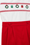 Carriage Boutique red corduroy bobby suit with white top featuring hand-smocked Christmas wreaths and gift motifs
