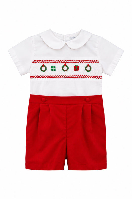 Carriage Boutique red corduroy bobby suit with white smocked top featuring Christmas wreath and gift embroidery