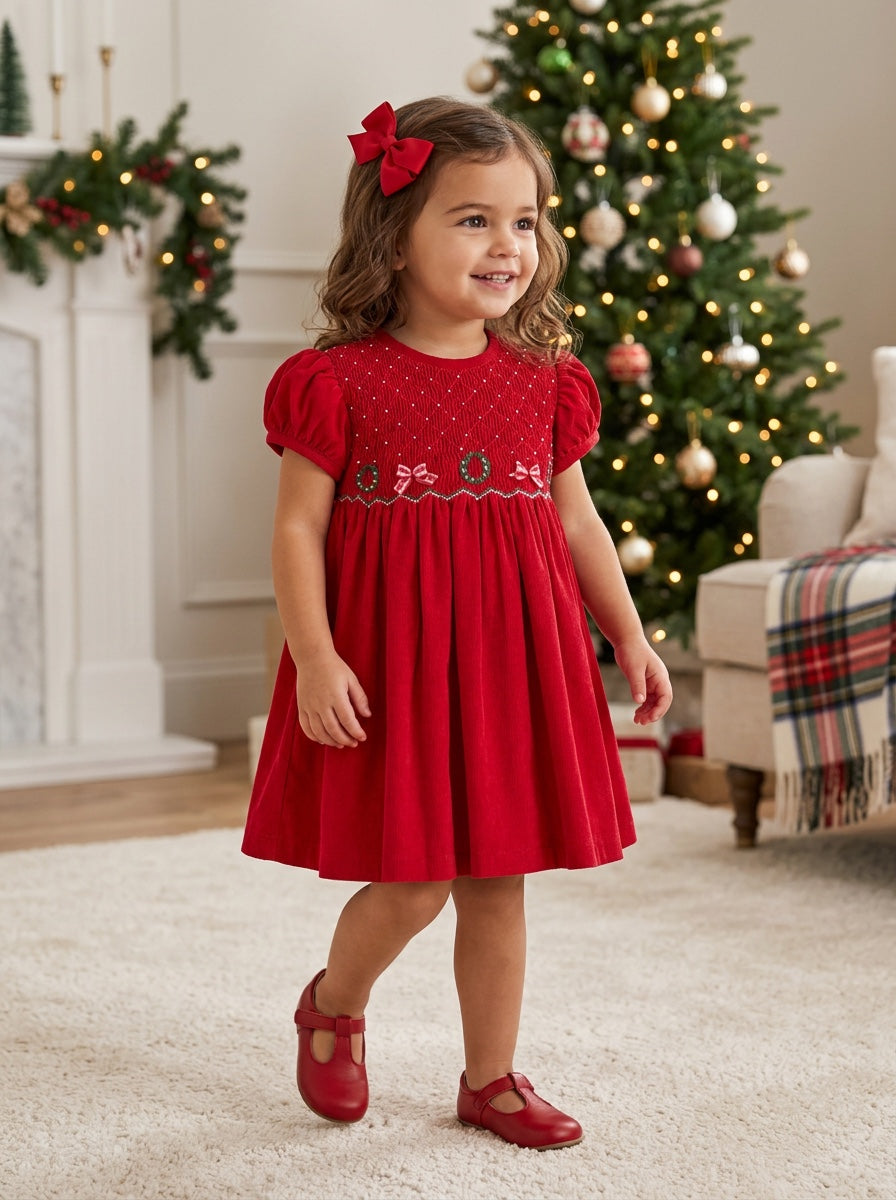 Carriage Boutique toddler girl wearing a red corduroy Christmas dress with smocked diamond and festive ribbon details.