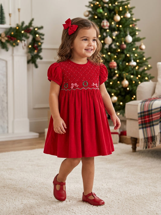 Carriage Boutique toddler girl wearing a red corduroy Christmas dress with smocked diamond and festive ribbon details.