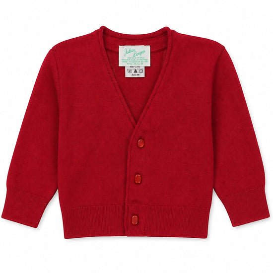 Carriage Boutique red cotton cardigan sweater for baby boys with a three-button front closure and ribbed cuffs.