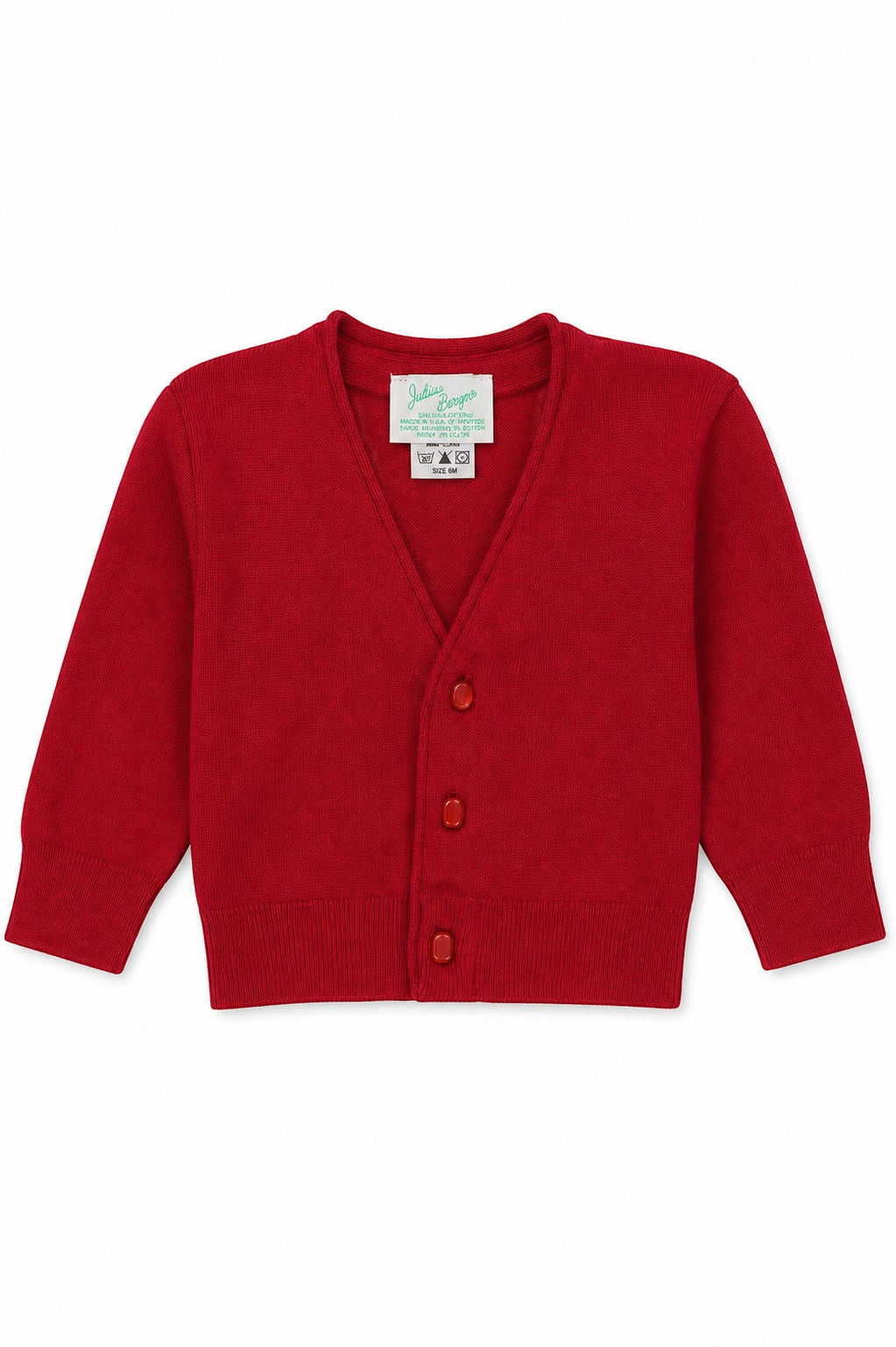 Carriage Boutique red cotton cardigan sweater for baby boys with a three-button front closure and ribbed cuffs.