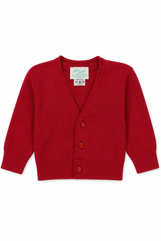Carriage Boutique red cotton cardigan sweater for baby boys with a three-button front closure and ribbed cuffs.