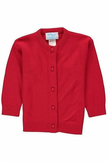 Carriage Boutique Julius Berger red crew neck baby girl cardigan in a soft cotton and cashmere knit blend.