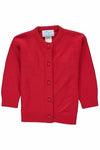 Carriage Boutique Julius Berger red crew neck baby girl cardigan in a soft cotton and cashmere knit blend.