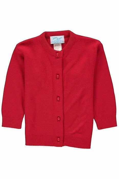 Carriage Boutique Julius Berger red crew neck baby girl cardigan in a soft cotton and cashmere knit blend.