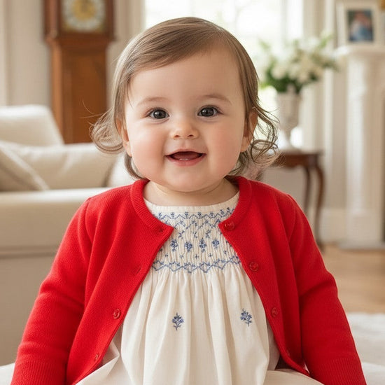 Carriage Boutique baby girl wearing a red Julius Berger cotton cashmere crew neck cardigan over a white dress