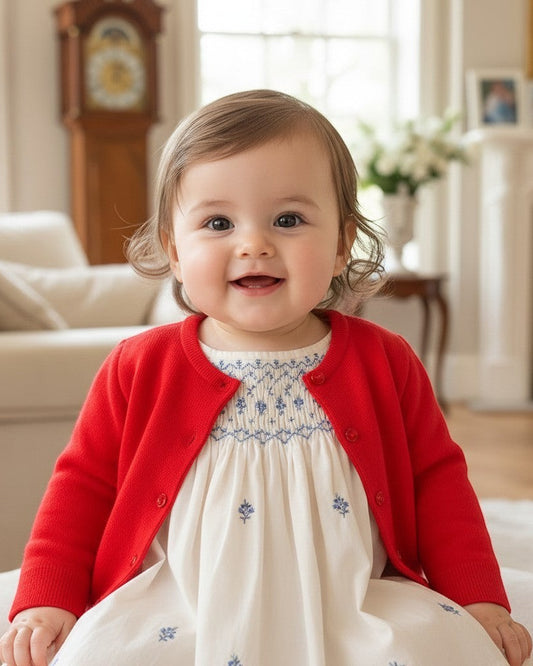 Carriage Boutique baby girl wearing a red Julius Berger cotton cashmere crew neck cardigan over a white dress