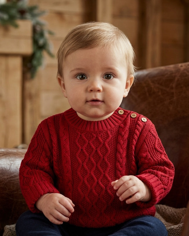 Carriage Boutique red fisherman knit pullover sweater worn by a baby with button shoulder detail