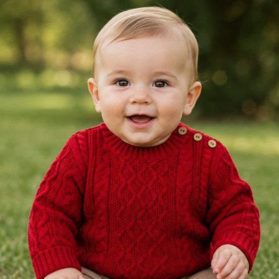 Carriage Boutique red fisherman knit pullover sweater worn by a smiling baby sitting on grass