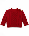 Carriage Boutique red fisherman knit pullover sweater with shoulder button details and textured cable knit pattern.