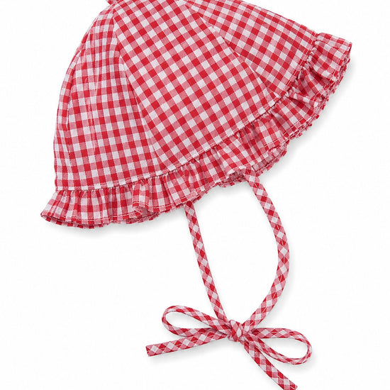 Carriage Boutique baby girl sun hat in red and white gingham with a ruffled brim and chin tie