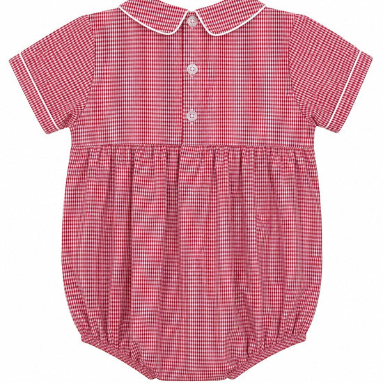 Carriage Boutique red gingham baby bubble romper with smocked bodice, Peter Pan collar, and dog car embroidery.