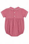 Carriage Boutique red gingham baby bubble romper with smocked bodice, Peter Pan collar, and dog car embroidery.