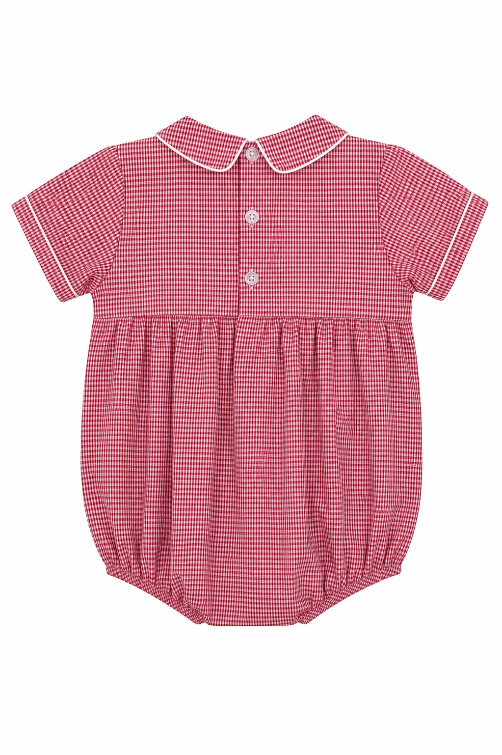 Carriage Boutique red gingham baby bubble romper with smocked bodice, Peter Pan collar, and dog car embroidery.