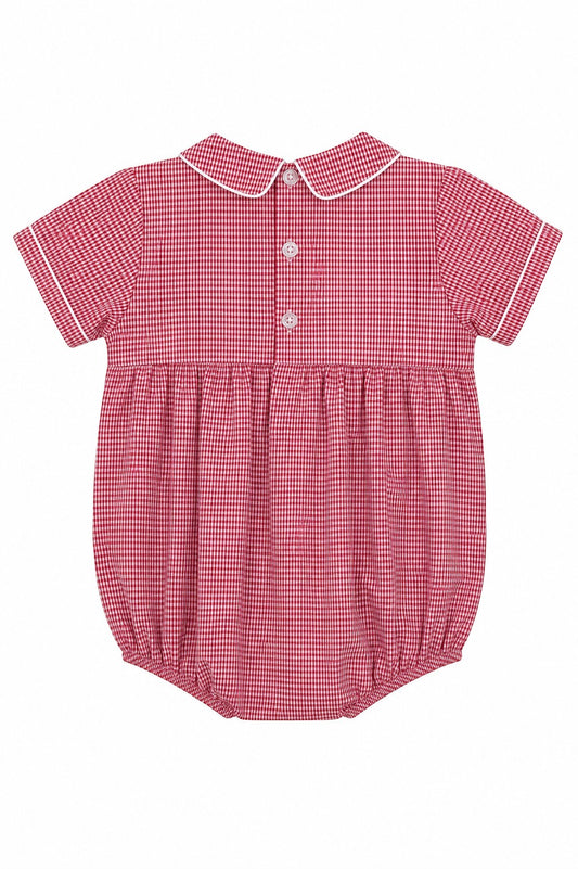 Carriage Boutique red gingham baby bubble romper with smocked bodice, Peter Pan collar, and dog car embroidery.