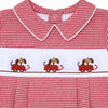 Carriage Boutique red gingham baby bubble romper with smocked bodice featuring dogs in cars embroidery and Peter Pan collar.