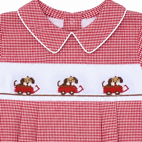 Carriage Boutique red gingham baby bubble romper with smocked bodice featuring dogs in cars embroidery and Peter Pan collar.