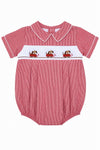Carriage Boutique red gingham baby bubble romper with smocked bodice featuring dogs in cars, Peter Pan collar, and white piping.