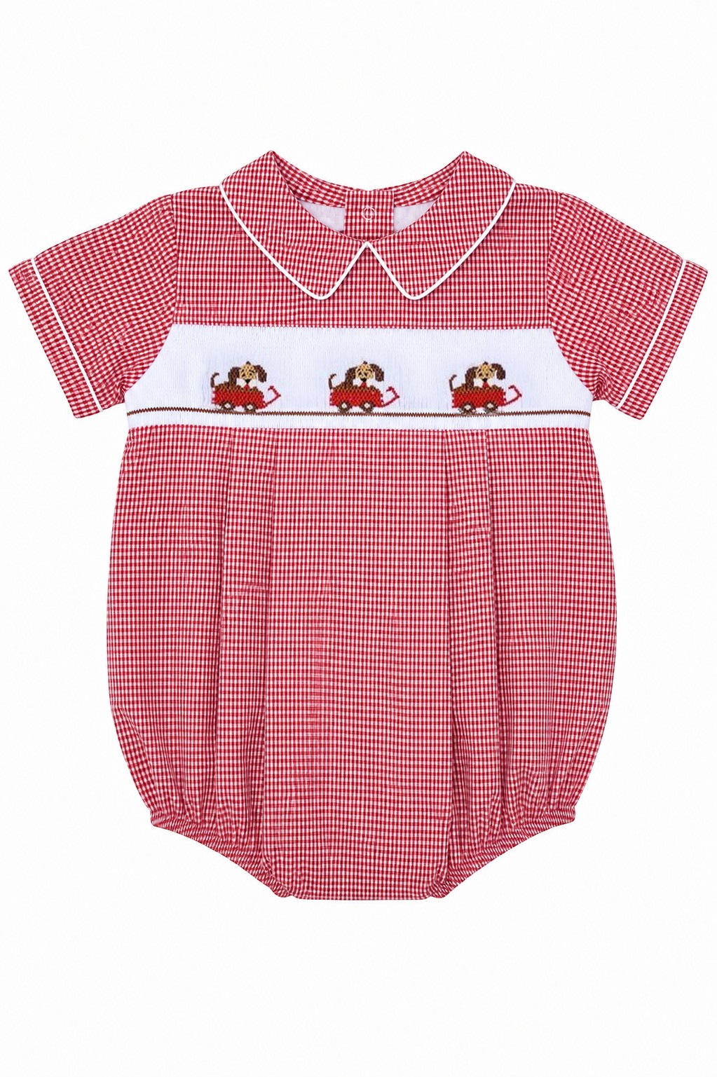 Carriage Boutique red gingham baby bubble romper with smocked bodice featuring dogs in cars, Peter Pan collar, and white piping.