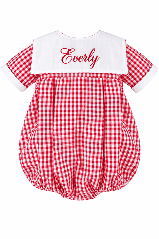 Carriage Boutique red and white gingham check baby bib short romper with white collar and personalized embroidery