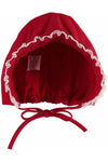 Carriage Boutique red cotton baby bonnet featuring delicate white lace trim and adjustable tie closure