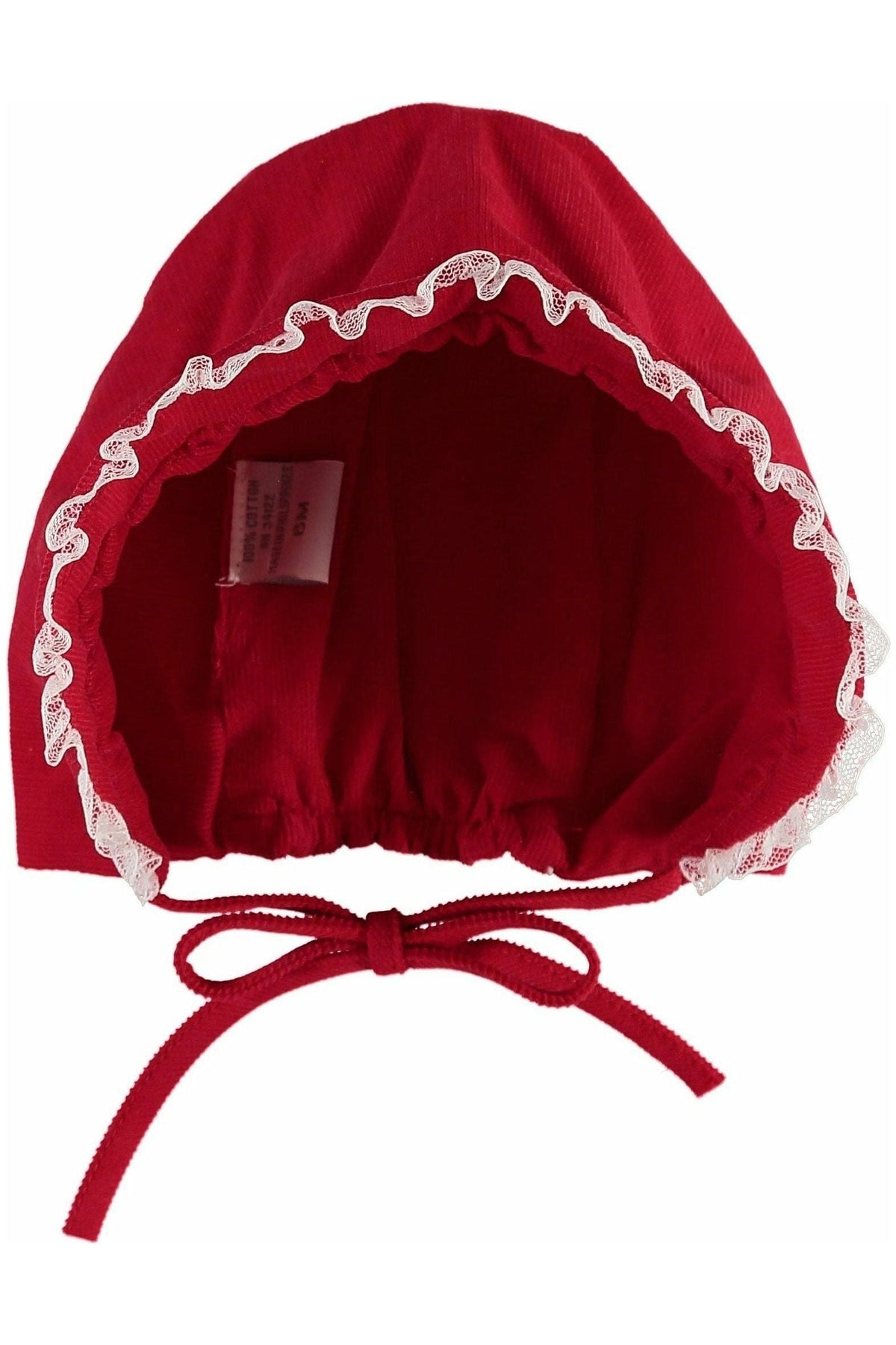 Carriage Boutique red cotton baby bonnet featuring delicate white lace trim and adjustable tie closure