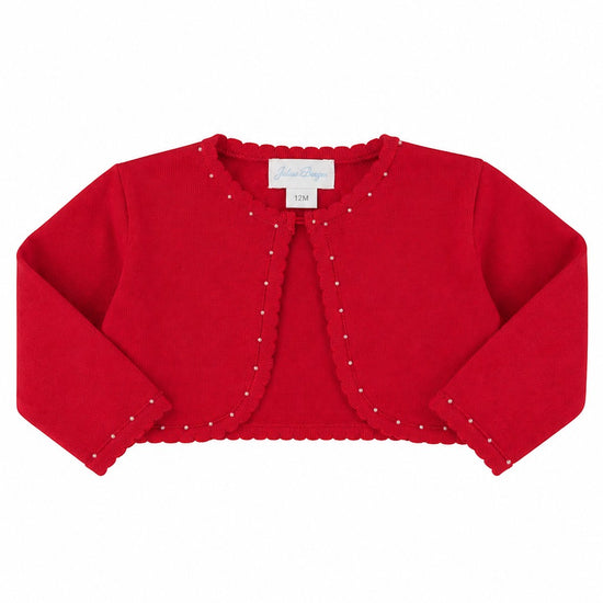 Carriage Boutique red toddler girl bolero sweater with pearl embellishments and scalloped edges.