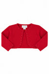 Carriage Boutique red toddler girl bolero sweater with pearl embellishments and scalloped edges.