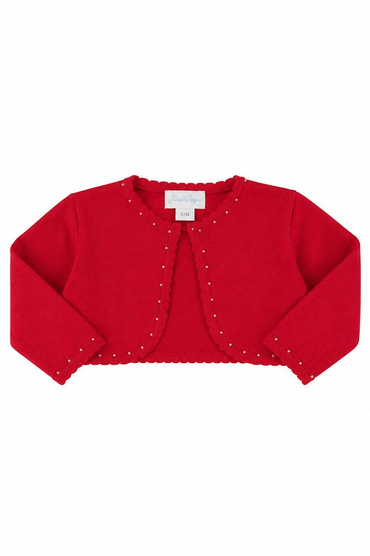 Carriage Boutique red toddler girl bolero sweater with pearl embellishments and scalloped edges.