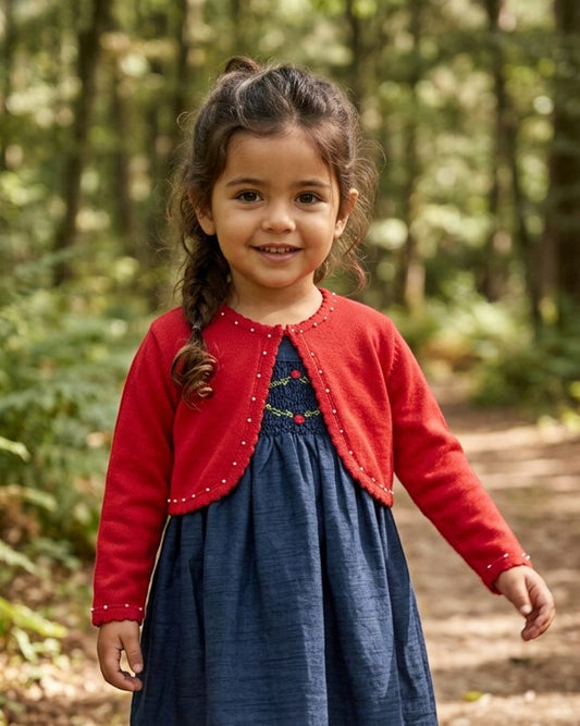Carriage Boutique red toddler bolero sweater with pearl trim worn over a blue dress in a forest setting.
