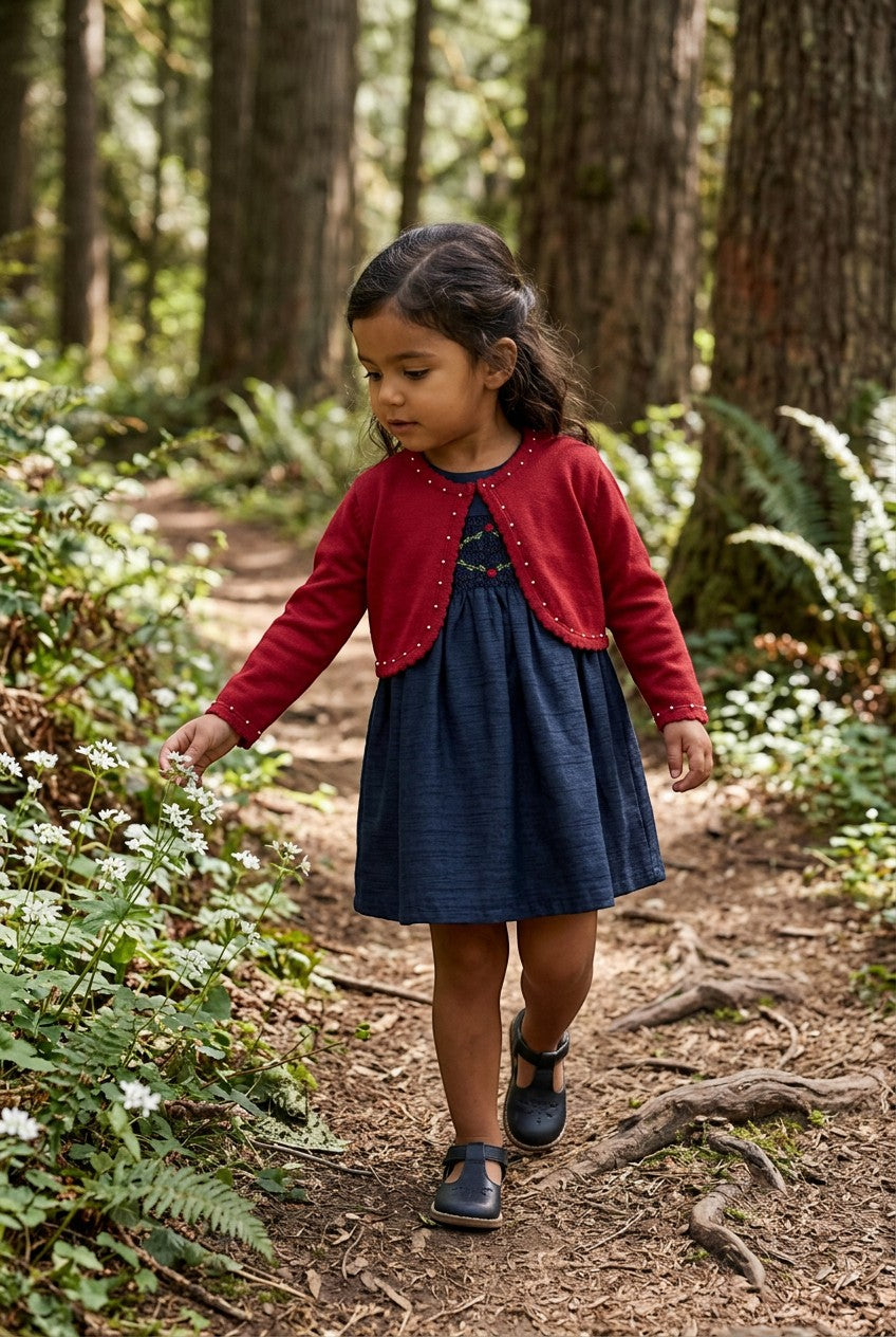 Carriage Boutique toddler girl wearing a red bolero sweater with pearl accents over a navy dress in a forest.