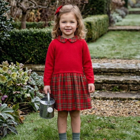 Carriage Boutique toddler girl wearing a red long sleeve knit dress with a plaid skirt in a garden setting