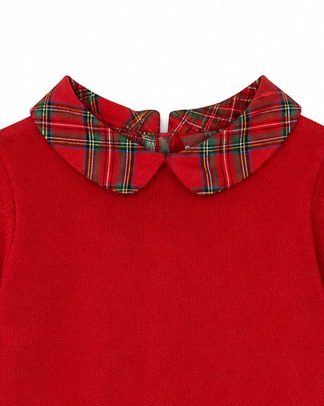 Carriage Boutique red knit long sleeve dress with a classic plaid Peter Pan collar for toddler and youth girls.
