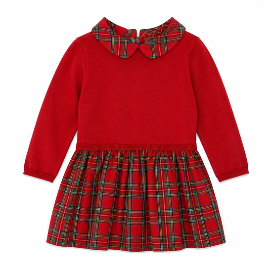 Carriage Boutique red knit long-sleeve dress with a plaid collar and pleated skirt for toddlers and youth girls.