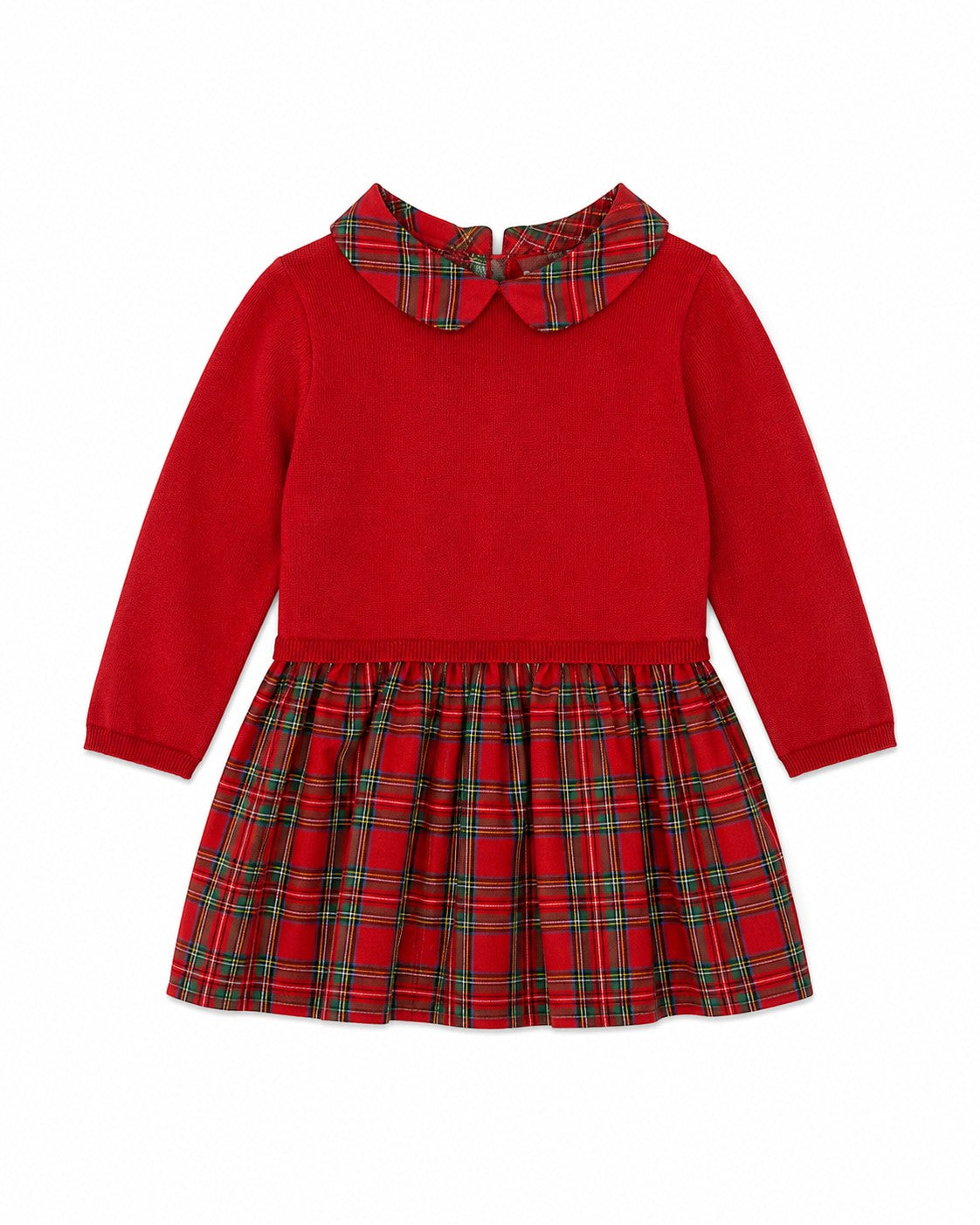 Carriage Boutique red knit long-sleeve dress with a plaid collar and pleated skirt for toddlers and youth girls.