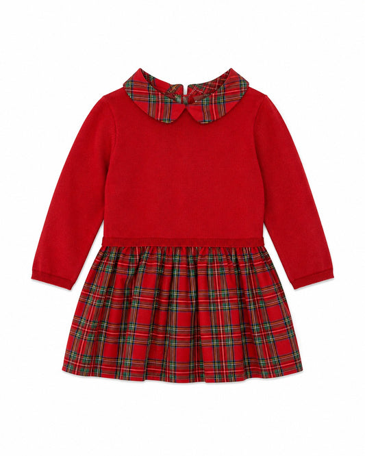 Carriage Boutique red knit long-sleeve dress with a plaid collar and pleated skirt for toddlers and youth girls.