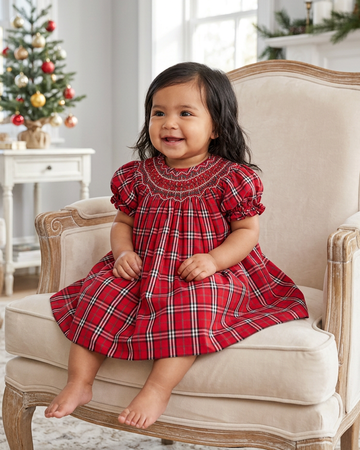 Carriage Boutique baby girl wearing a red and white plaid cotton bishop dress with hand smocking on the chest.