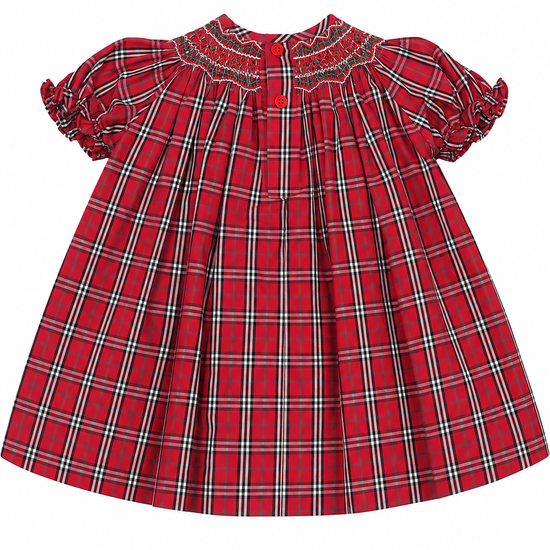 Carriage Boutique red and white plaid cotton baby girl bishop dress with hand smocked chest and short puff sleeves.