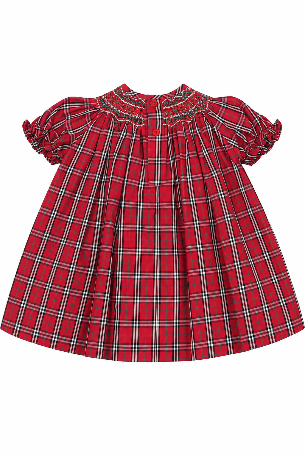 Carriage Boutique red and white plaid cotton baby girl bishop dress with hand smocked chest and short puff sleeves.
