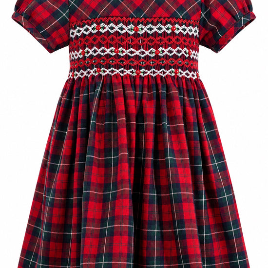 Carriage Boutique toddler girl dress in red plaid with a white Peter Pan collar and hand-smocked diamond bodice.