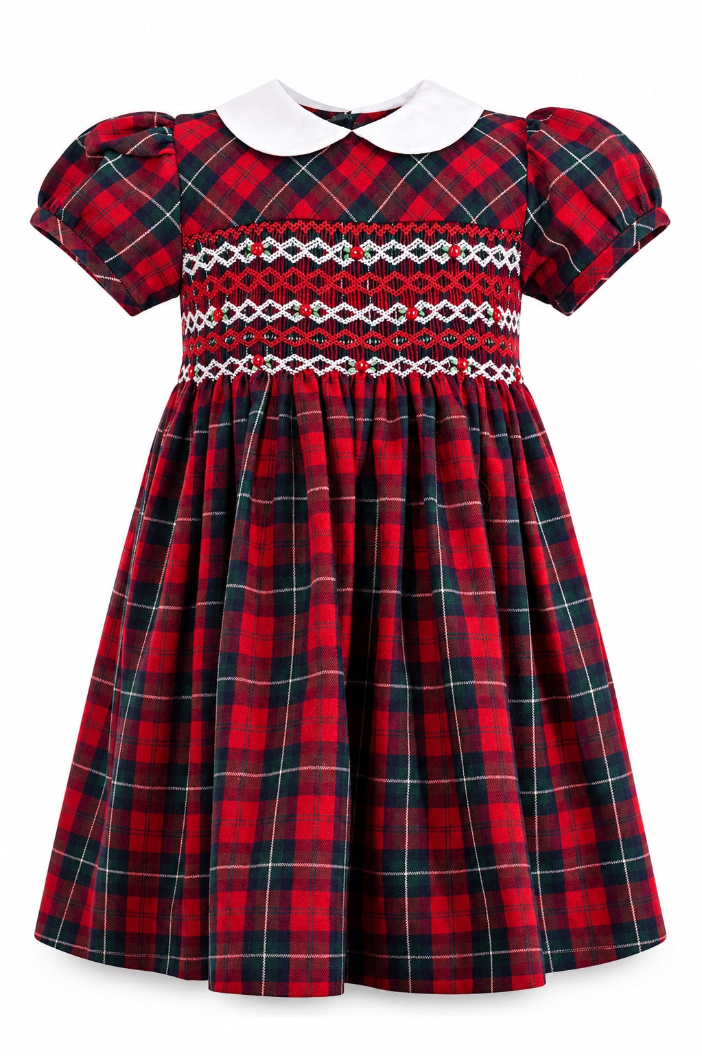 Carriage Boutique toddler girl dress in red plaid with a white Peter Pan collar and hand-smocked diamond bodice.