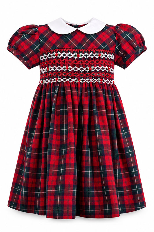 Carriage Boutique toddler girl dress in red plaid with a white Peter Pan collar and hand-smocked diamond bodice.