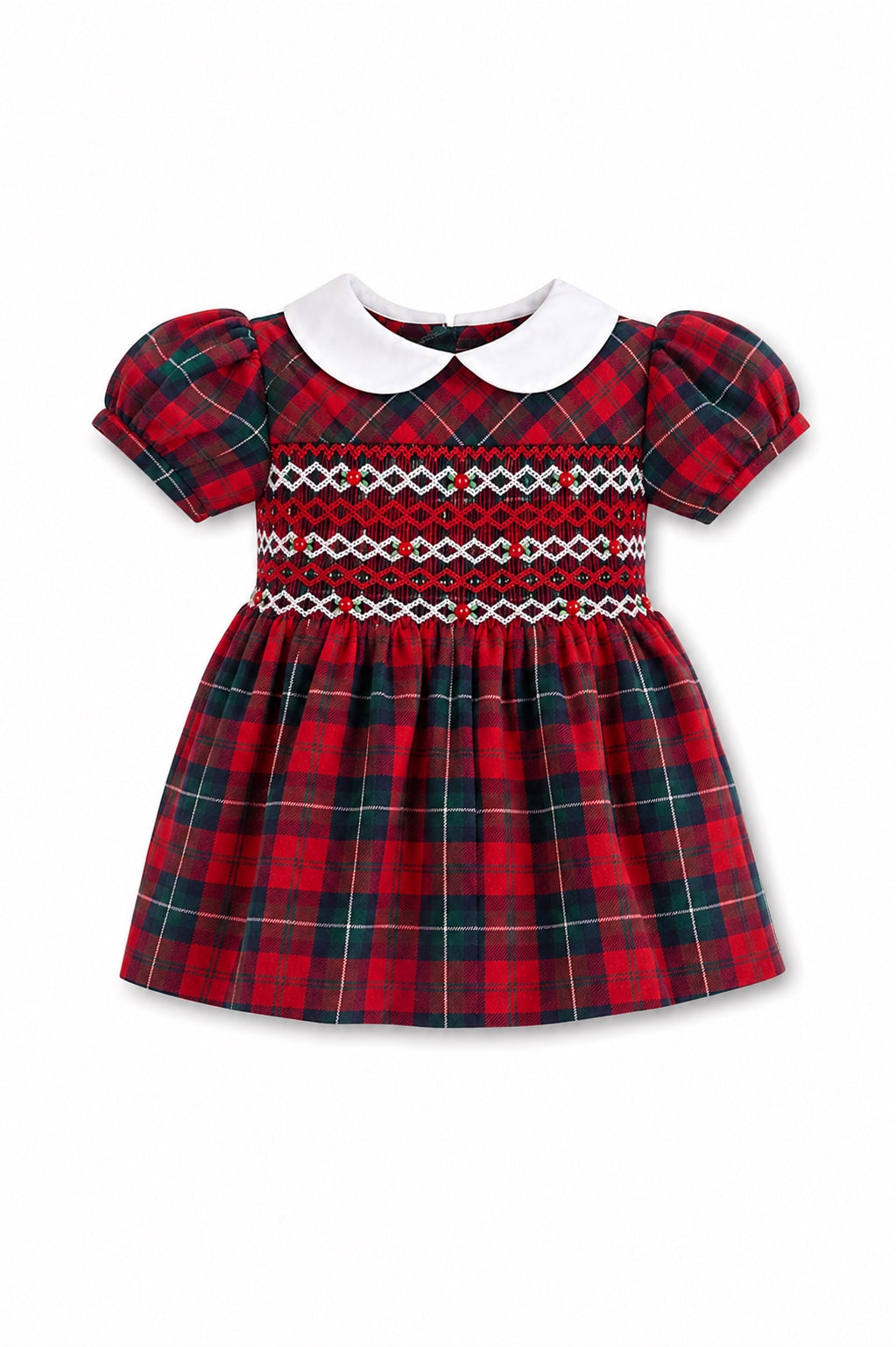 Carriage Boutique baby girl dress in red and green plaid with hand-smocked bodice, puff sleeves, and white collar.