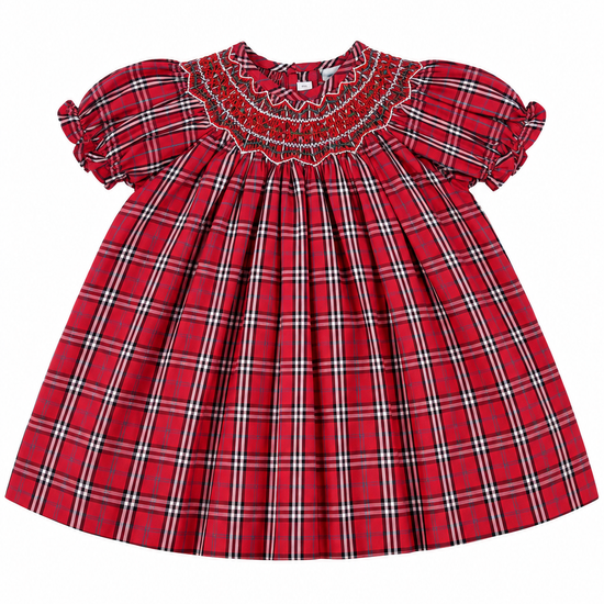 Carriage Boutique red and white plaid cotton baby girl bishop dress with hand-smocked chest and short puff sleeves.