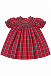 Carriage Boutique red and white plaid cotton baby girl bishop dress with hand-smocked chest and short puff sleeves.