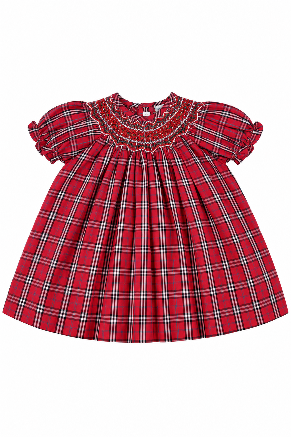 Carriage Boutique red and white plaid cotton baby girl bishop dress with hand-smocked chest and short puff sleeves.